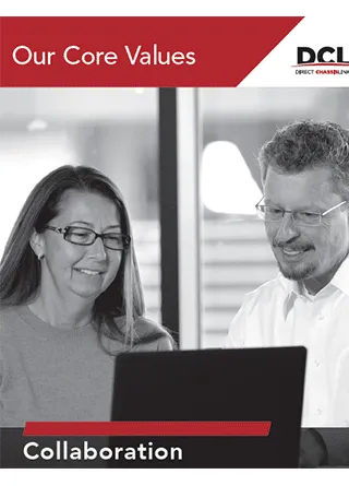 Collaboration Core Value 320x445 Thumbnail image of two DCLI employees on laptop in the office