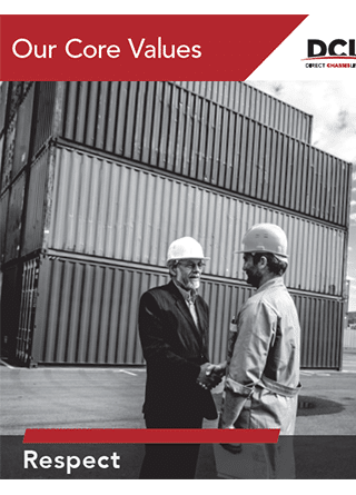 Thumbnail image of two workers in hard hats standing in front of a stack of shipping containers at a port