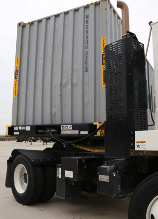 DCLP chassis hooked to truck making a turn