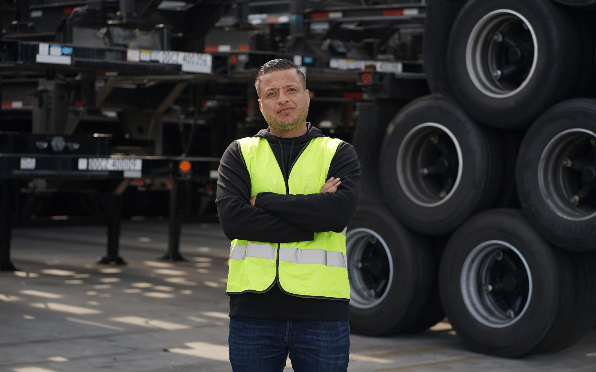 motor carrier standing in front of a stack of chassis